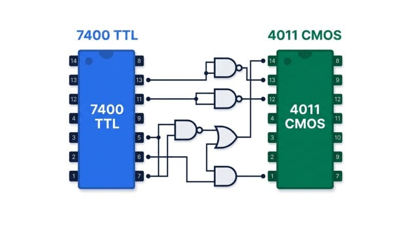 Hero illustration showing a 7400 TTL chip and a 4000 CMOS chip with Boolean logic gates between them