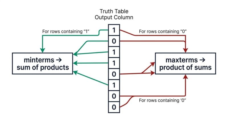 Diagram showing minterms taken from output ones and maxterms from output zeros