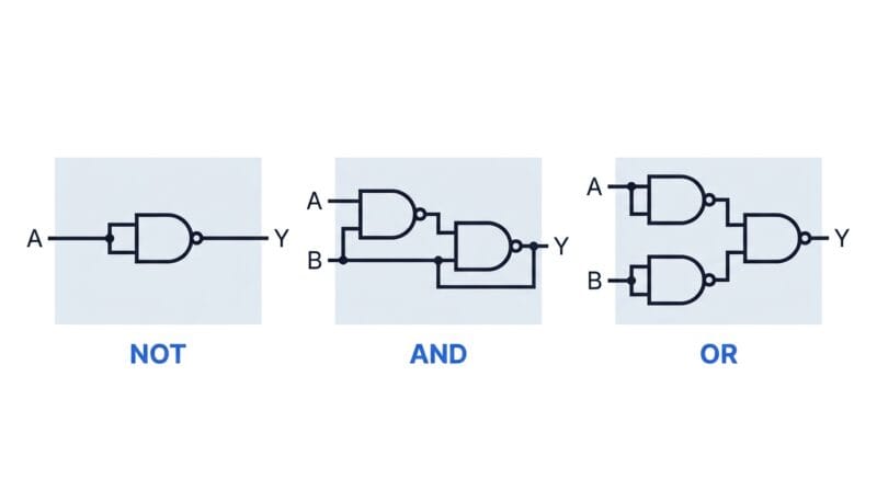 NAND gate arrangements forming NOT, AND and OR gates