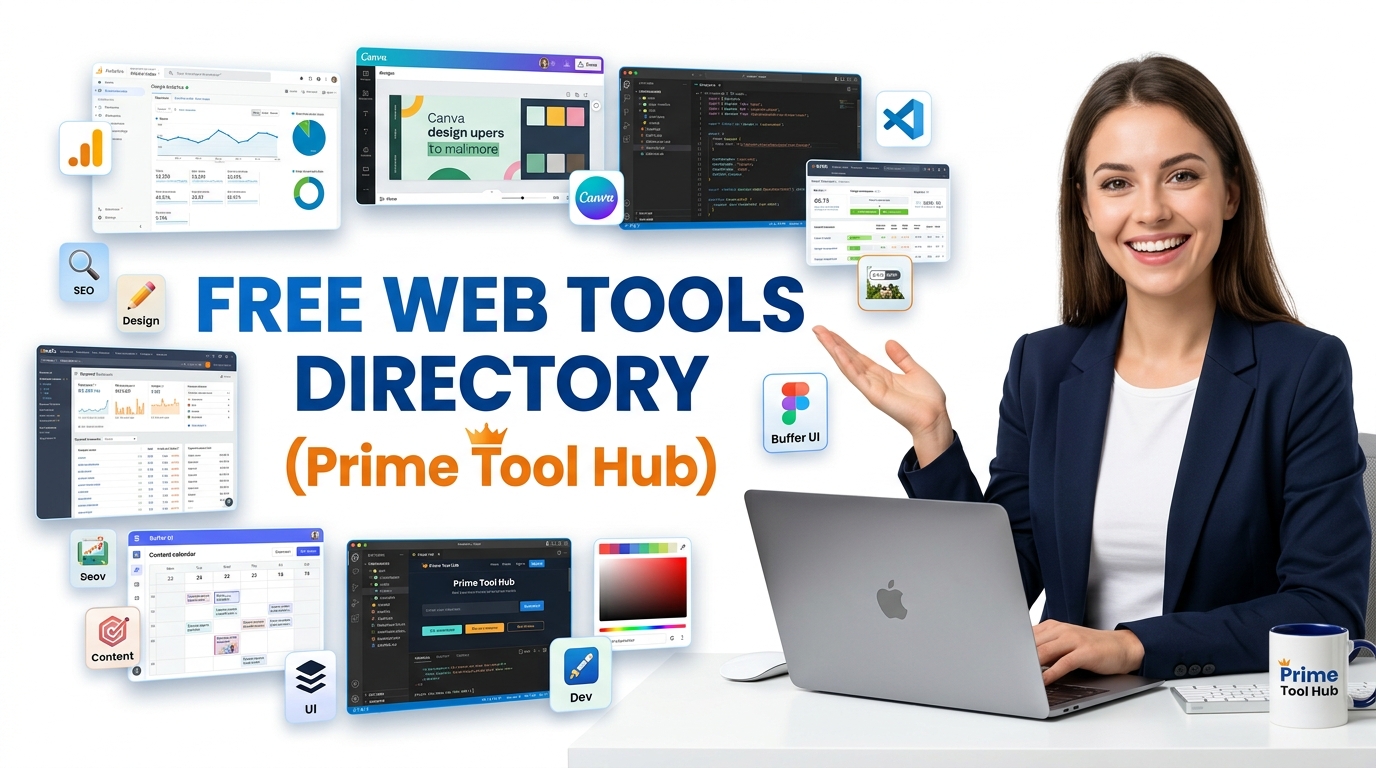 Professional Tumbernal image for “Free Web Tools Directory ( Prime Tool Hub) ” use clear white background and realistic human and tools