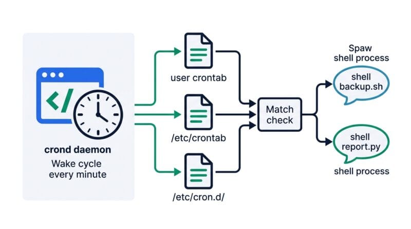 Diagram showing cron daemon reading crontab files and spawning shell processes every minute