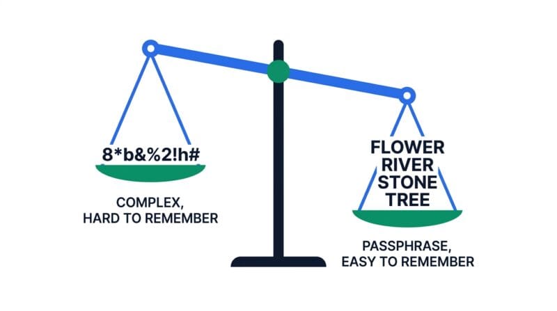 A short complex password compared with a longer passphrase of higher entropy