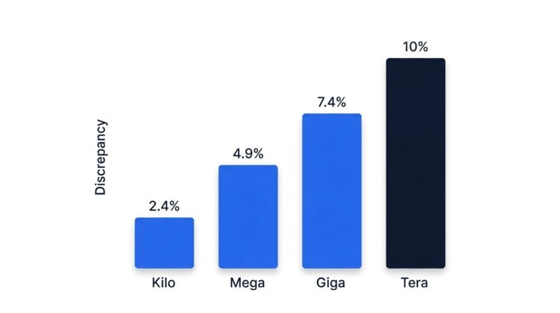 Bar chart showing the SI to IEC discrepancy growing from 2.4 percent at kilo to 10 percent at tera