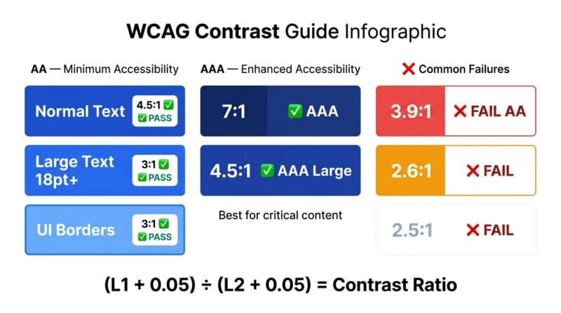 WCAG contrast ratio guide showing AA and AAA thresholds for normal text large text and UI components with pass fail examples