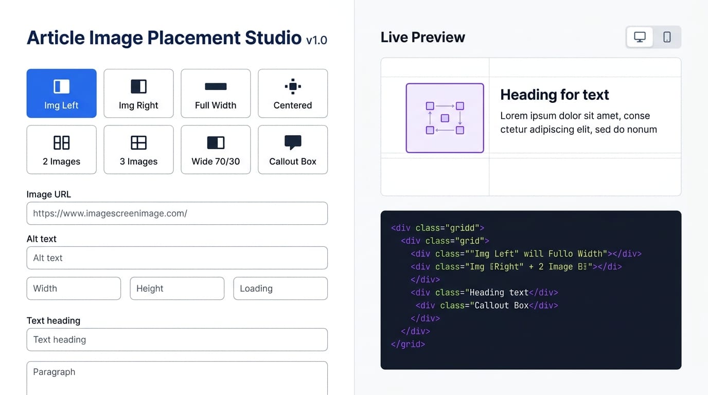 Article Image Placement Studio showing 8 layout options with live preview panel and generated HTML code output