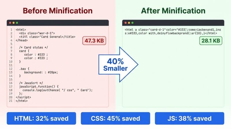 Code minifier size comparison showing HTML CSS JS file size before and after minification with percentage reduction stats