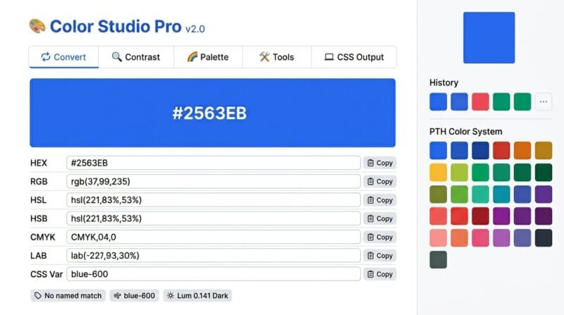 Color Studio Pro showing 5 tabs with color converter panel WCAG contrast checker palette generator and CSS output for web developers