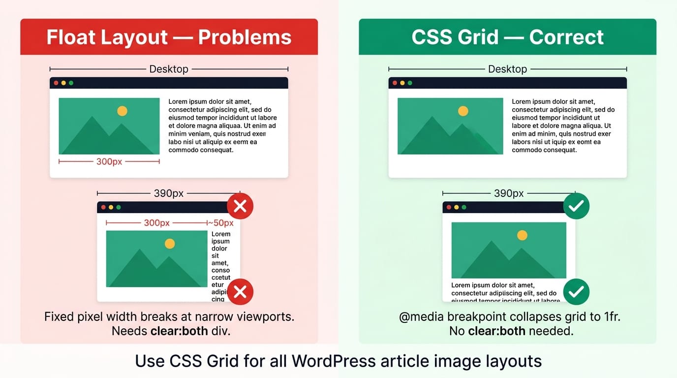 CSS Grid vs Float layout comparison for WordPress article images — showing correct responsive stacking behavior on mobile