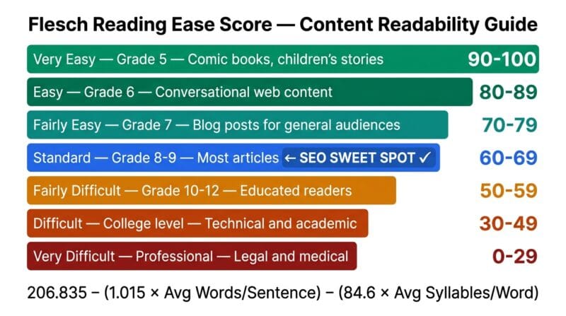 Flesch reading ease score chart showing grade levels from very easy 90 plus to very difficult below 30 with SEO content writing targets