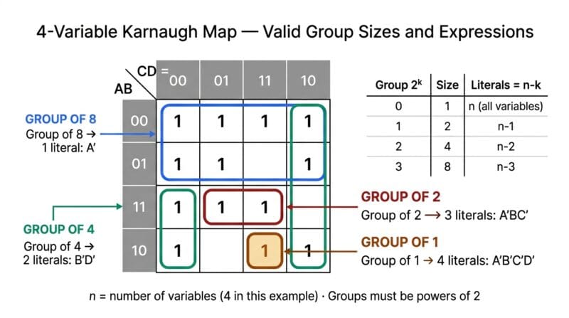 4-variable Karnaugh map annotated with Gray code row and column headers showing groupings of 1 2 4 and 8 cells with corresponding Boolean expressions