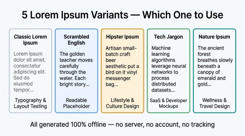 Lorem ipsum variants comparison showing Classic Latin Scrambled English Hipster Tech Jargon and Nature Ipsum placeholder text examples side by side