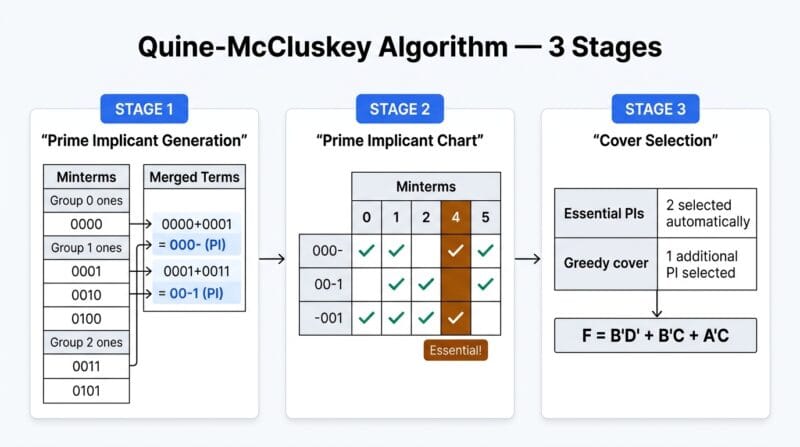 Quine-McCluskey algorithm step by step diagram showing prime implicant generation chart and essential prime implicant selection for 4-variable Boolean function