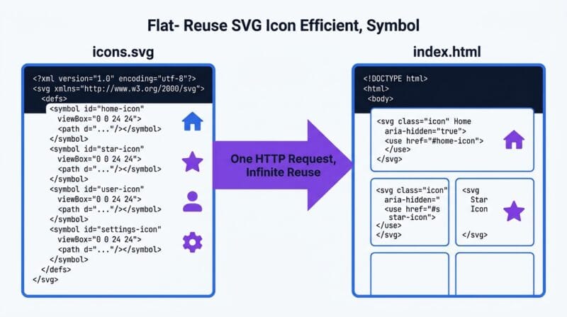 SVG sprite sheet diagram showing symbol elements and use references for icon systems
