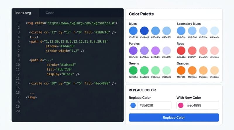SVG Studio Pro color palette extractor showing clickable hex color swatches extracted from an SVG logo