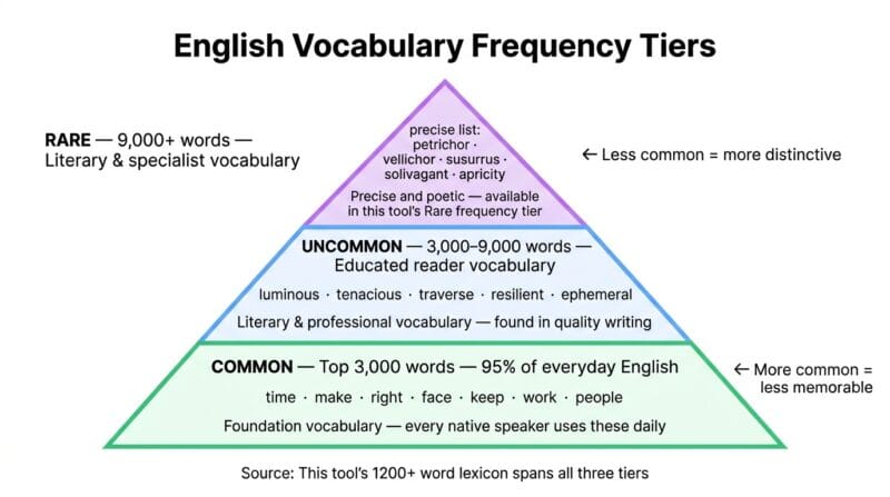English word frequency tier visualization showing Common Uncommon and Rare vocabulary bands with example words and usage contexts