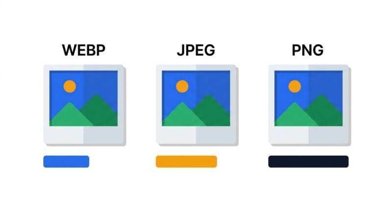 Comparison diagram showing the same photo exported as WebP, JPEG and PNG with relative file sizes