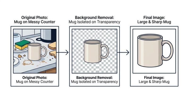 Three-step photo workflow: remove background, erase object, upscale