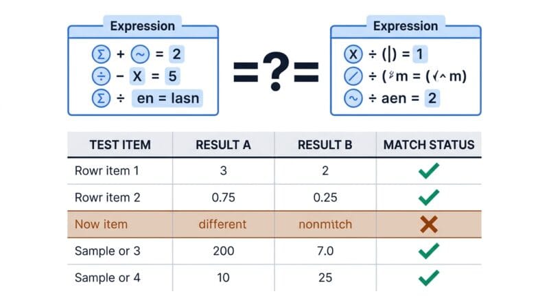 Two Boolean expressions compared row by row with one mismatching row highlighted