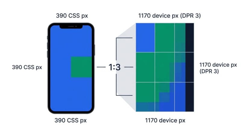 CSS pixels versus device pixels shown by device pixel ratio