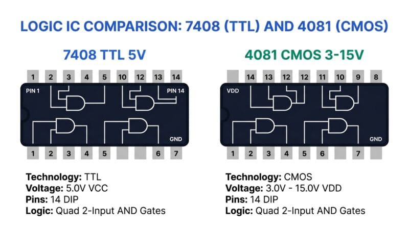 Side-by-side comparison diagram showing a TTL 7408 chip at 5V and a CMOS 4081 chip at 3-15V supply range