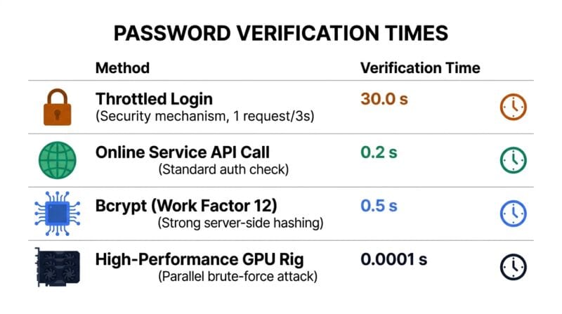 Table of crack times for different attacker speeds from throttled login to GPU rig