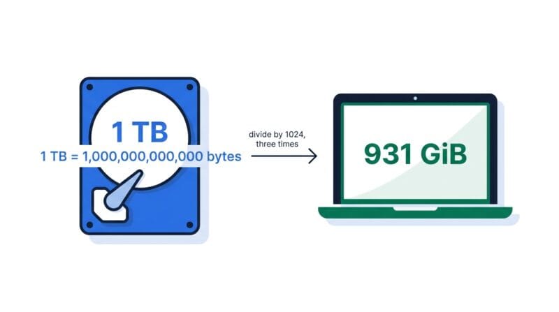 Diagram showing 1 TB equals 1,000,000,000,000 bytes in SI but displays as 931 GiB in Windows