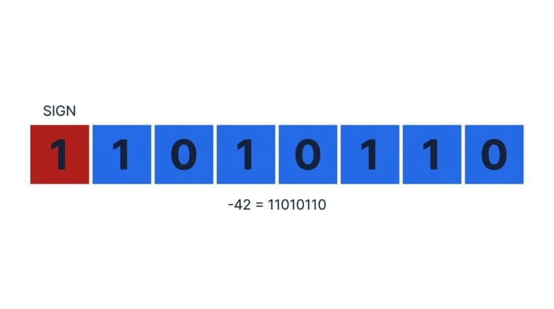 Two's complement bit grid showing the sign bit and value bits for a negative number